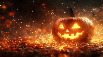 Fototapeta premium Halloween-themed background featuring an empty, shadowy space ideal for adding text or captions. The spooky atmosphere is enhanced by subtle fog and haunting silhouettes in the distance