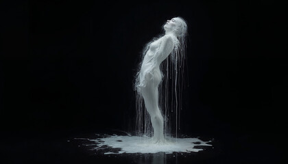 Droplets of white paint running down her body