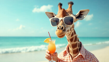 Obraz premium Cute giraffe wearing sun glasses holding cocktail at the beach
