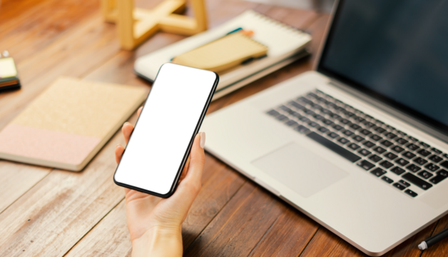 Mockup image of a woman using smartphone with blank screen. Transparent. Cut out. PNG
