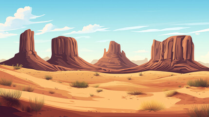 Naklejka premium Vector illustration of a desert with towering rock formations and sandy dunes, showcasing a natural and arid environment. 