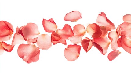 A collection of soft pink rose petals scattered against a white background.