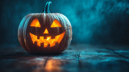 Halloween-themed background featuring an empty, shadowy space ideal for adding text or captions. The spooky atmosphere is enhanced by subtle fog and haunting silhouettes in the distance