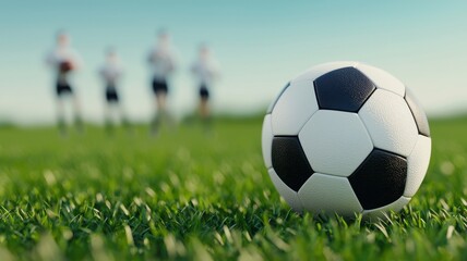 Fototapeta premium A soccer ball rests on vibrant green grass, with players blurred in the background, capturing an exciting moment of the game.