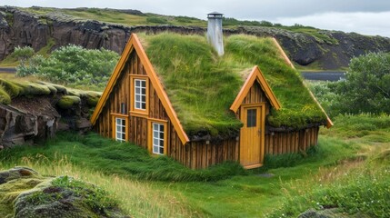 Obraz premium Charming Grass-Roofed Cottage in Iceland