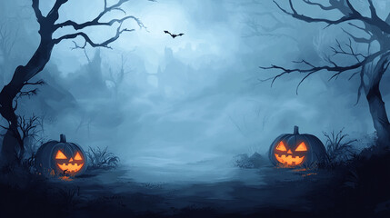 Halloween-themed background featuring an empty, shadowy space ideal for adding text or captions. The spooky atmosphere is enhanced by subtle fog and haunting silhouettes in the distance