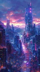 Naklejka premium A vibrant futuristic cityscape at sunset, showcasing towering skyscrapers and glowing lights.