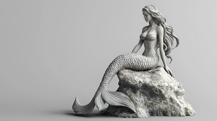 3d render clay style of a mermaid sitting on a rock on the sea, isolated on gray background, copy space. Siren. Illustration