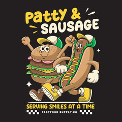 Fast Food Burger Sausage Cute Funny Retro 60s 70s Cartoon Character Mascot Vector Illustration in Groovy Psychedelic Style for Bar Restaurant