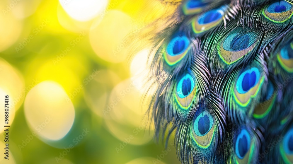 Poster close-up of a peacock feather showcasing vibrant colors and intricate patterns.