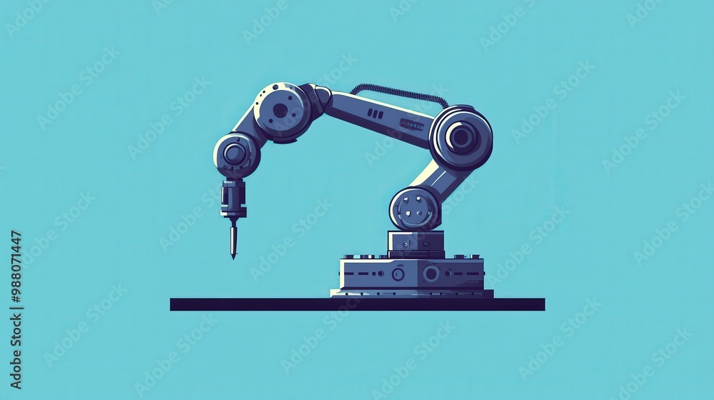 Poster precision automation: simplistic industrial robot manipulator sketch on blue background