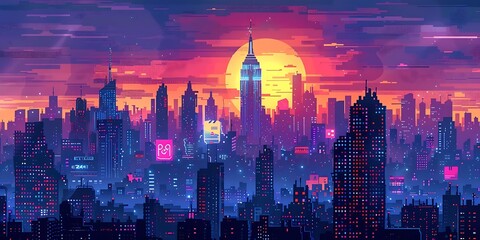 Obraz premium A vibrant pixel art cityscape at sunset, showcasing skyscrapers and a glowing skyline.
