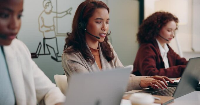 Laptop, call center agent and woman typing email for customer service, support or help. Computer, telemarketing and sales consultant talking to client for advice, faq or ecommerce with business team