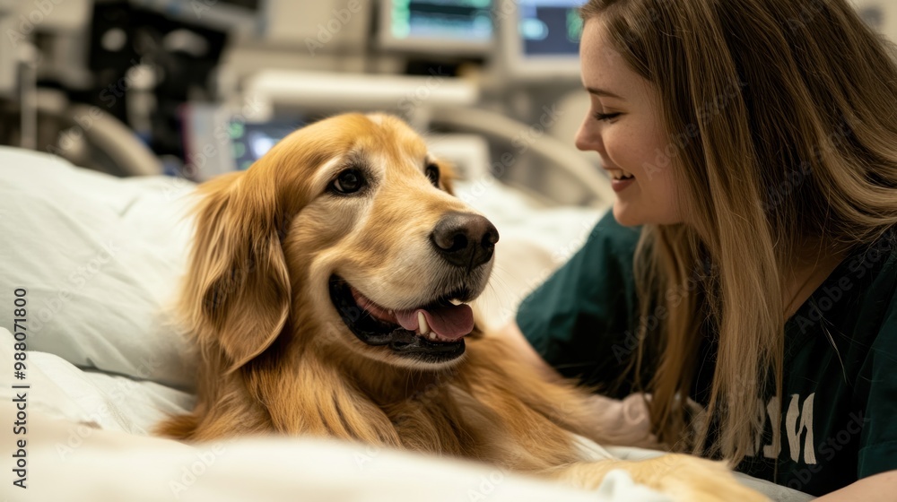 Wall mural A joyful moment between a woman and a golden retriever in a hospital setting.