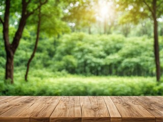 Empty wood table top with blur background of nature lush green forest. The table giving copy space for placing advertising product on the table along with beautiful green forest nature background.