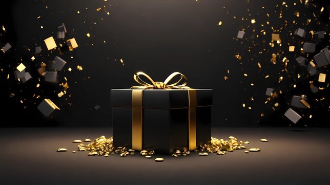 3D gift box in black and gold a dark background. Perfect for Black Friday promotions, design and elegant sale events.