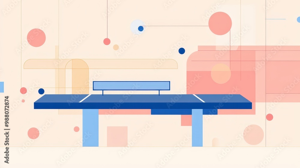 Poster minimalistic 2d flat vector table tennis setup with geometric shapes and pastel colors on transparen
