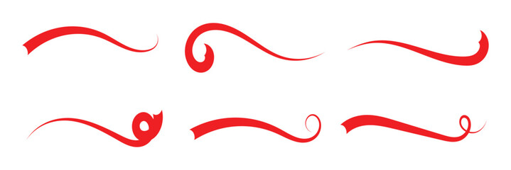 Swoosh and swash typography tails shape. Underline retro swoop wave line for athletic tshirt. Vector strockes set in red color in eps 10.