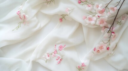 Delicate Pink Flowers Embroidered on White Fabric