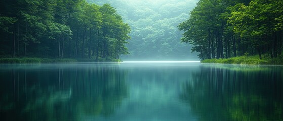 Fototapeta premium A Peaceful Landscape with Lush Greenery, Still Water, and Soft Light Illuminating the Scene