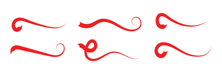 Swoosh and swash typography tails shape. Underline retro swoop wave line for athletic tshirt. Vector strockes set in red color in eps 10.