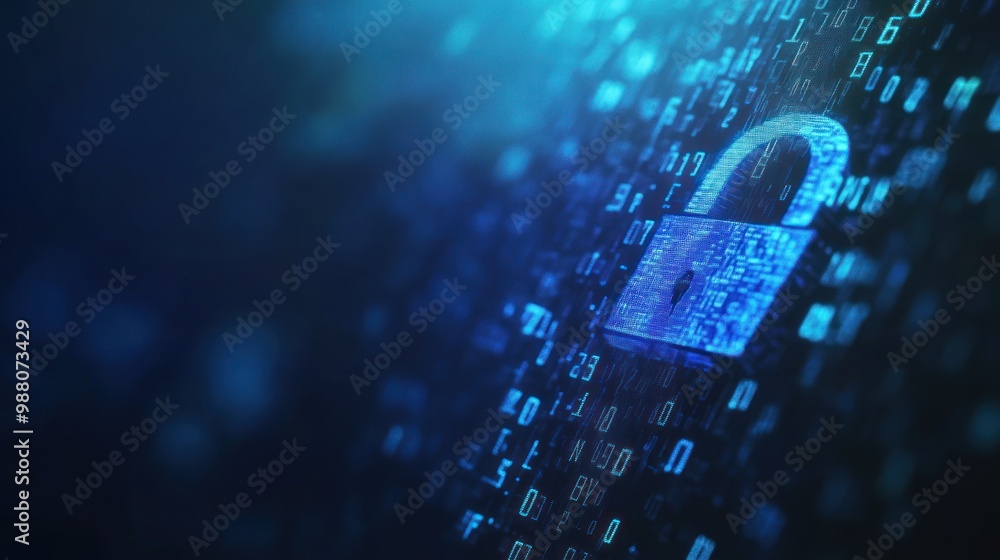 Poster digital security padlock on binary code background