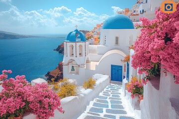 Breathtaking Scenic View of Iconic White-Washed Architecture Surrounded by Vibrant Greenery and Sky