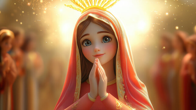3d cartoon illustration of calm, peaceful, smiling Virgin Mary with hands in prayer gesture on light background, Christianity, religion, faith, religious character, goddess, god, divine, Catholicism