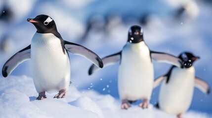Fototapeta premium Three penguins walking on snow in a snowy landscape.
