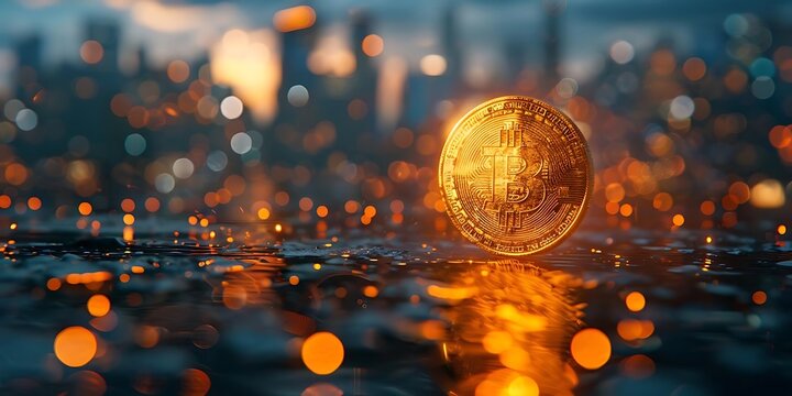 A glowing Bitcoin coin on a reflective surface with a city skyline in the background.