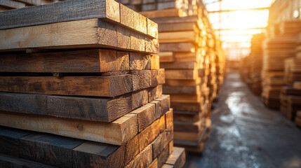Sunlit stacks of wooden planks neatly arranged, symbolizing order, industry, and craftsmanship. The repetition and natural texture convey strength, durability, and the timeless beauty of wood in const