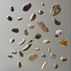 Close-Up of Colorful Stones Falling in Mid-Air on a Neutral Gray Background