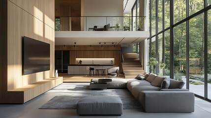 Modern Living Room with Panoramic Forest Views