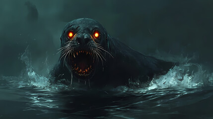 A horrifying, undead seal with glowing eyes emerges from the murky water, its jaws agape in a bloodcurdling roar. Wendigo. Illustration