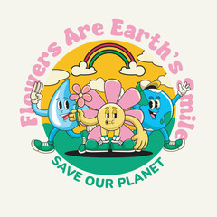 Happy Earth Day Save Planet Cute Funny Vintage Retro 60s 70s Cartoon Character Mascot Vector Illustration in Groovy Psychedelic Style