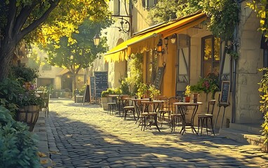 Quaint French Café with Vintage Chairs on Cobblestone Street in Soft Morning Light