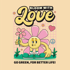 Happy Earth Day Cute Save Energy Funny Vintage Retro 60s 70s Cartoon Character Mascot Vector Illustration in Groovy Psychedelic Style