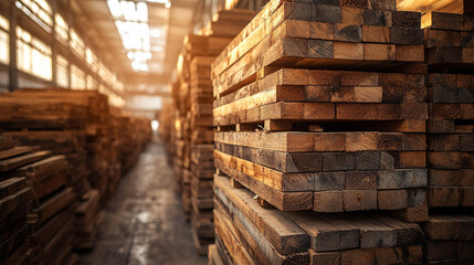 Sunlit stacks of wooden planks neatly arranged, symbolizing order, industry, and craftsmanship. The repetition and natural texture convey strength, durability, and the timeless beauty of wood in const