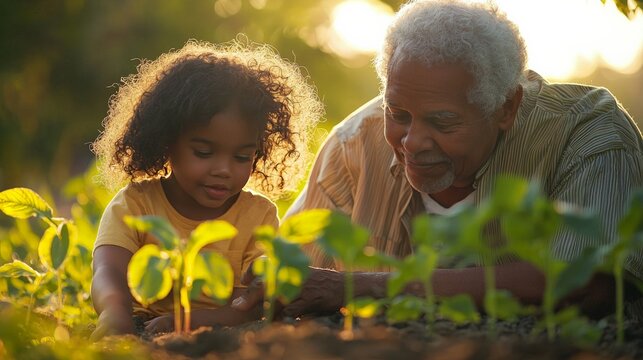 A mixed-race grandparent and grandchild gardening together, symbolizing the nurturing of both plants and relationships