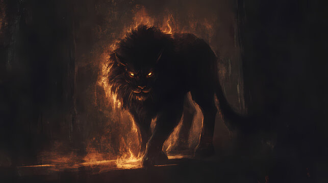 A mysterious chiaroscuro manticore emerges from the shadows. Manticore. Illustration