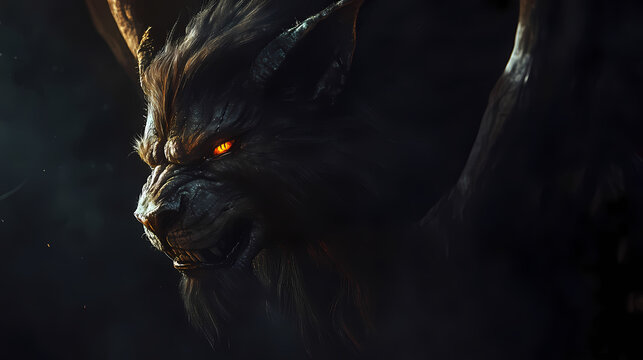 A mysterious chiaroscuro manticore emerges from the shadows. Manticore. Illustration