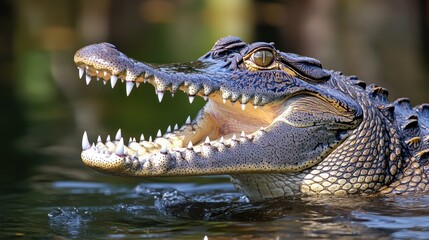 Obraz premium A close-up of a crocodile with its mouth open, showcasing its sharp teeth in water.
