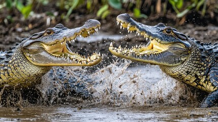Obraz premium Two crocodiles display their teeth while splashing in water, suggesting a territorial dispute.