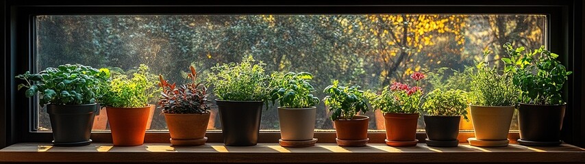 Lush Kitchen Window Garden with Vibrant Herbs and Colorful Plants Bringing Life to Home Cooking Space