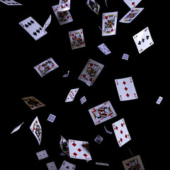 Floating Playing Cards with Sharp Details and Motion Against a Black Background