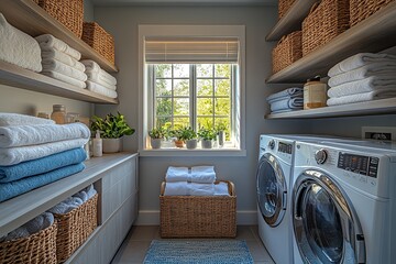 Neatly Organized Laundry Room with Vibrant Colors and Modern Appliances for Efficient Laundry Tasks