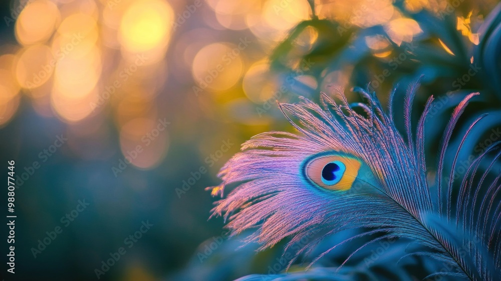 Poster a vibrant peacock feather with a colorful bokeh background.