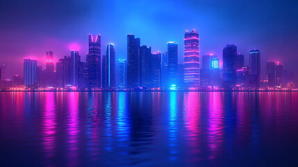 Fototapeta premium futuristic urban cityscape featuring sleek modern architecture illuminated by vibrant neon lights. The spacious design evokes a sense of innovation, progress, and limitless possibilities in the city e