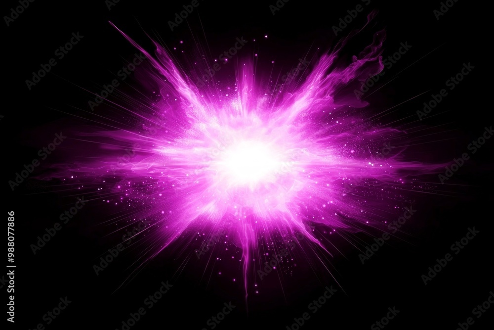 Poster vibrant explosion erupts with glowing purple particles bursting outward, creating a mesmerizing disp