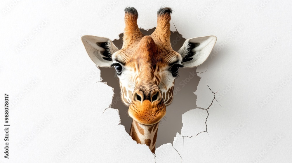 Poster a realistic giraffe's face breaking through a wall, creating a playful 3d effect.